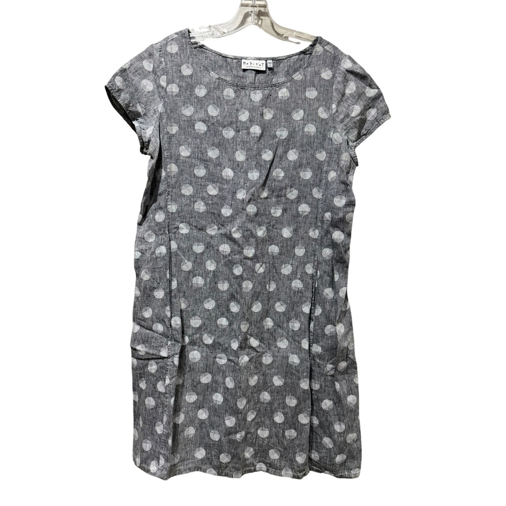 Habitat 100% Linen Polka Dot Shift Dress Grey White Short Sleeve Pockets Small